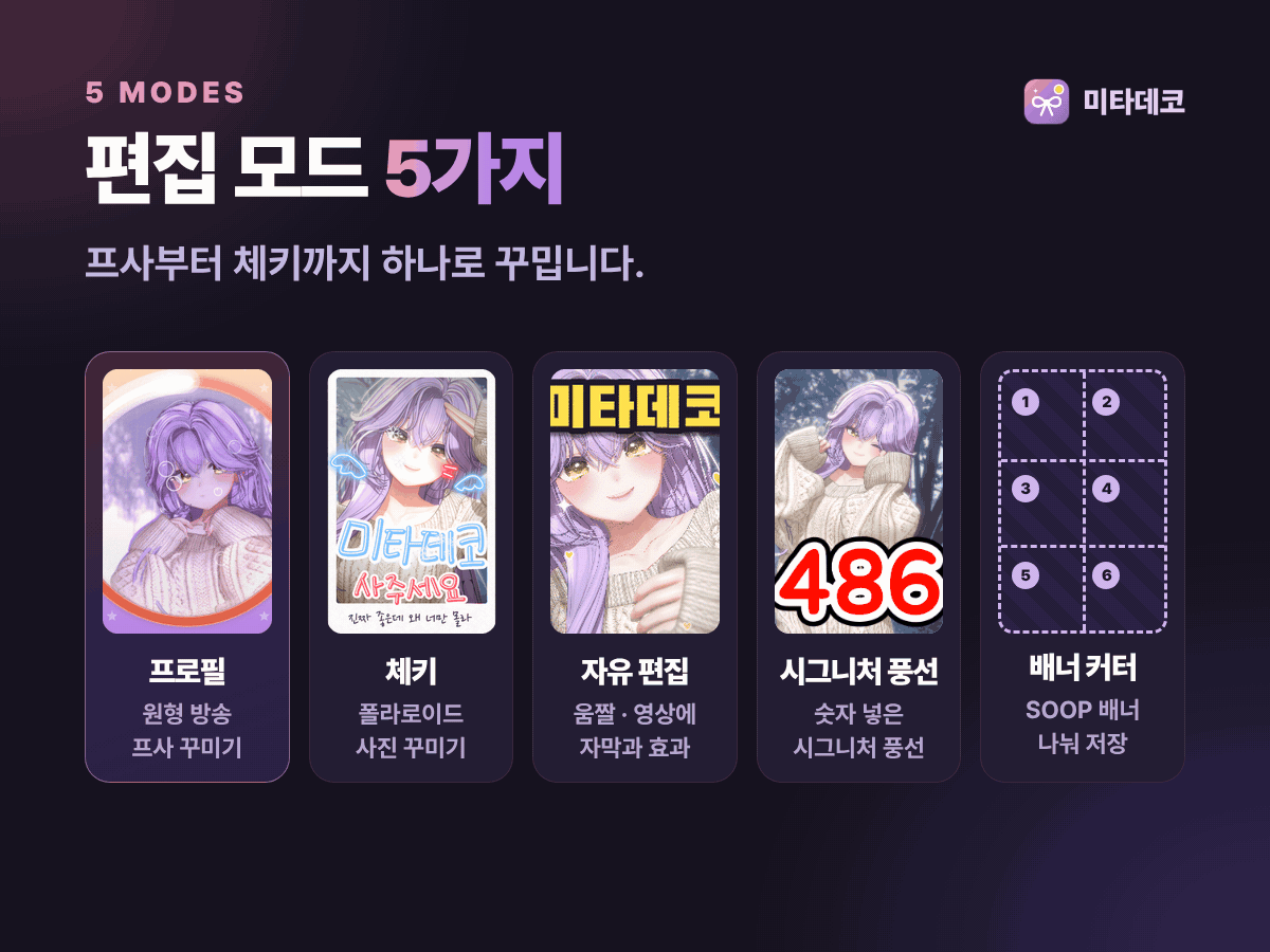 편집 모드 5가지: 프로필, 체키, 자유 편집, 시그니처 풍선, 배너 커터.